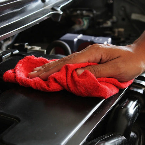 Premium Cotton Shop Towels 14x12 Inches 90-Count Reusable Cleaning Rags For Auto, Garage, Home And Industry Absorbent Grease Oil Spill Cleanup With Premium Recycled Fibers Red