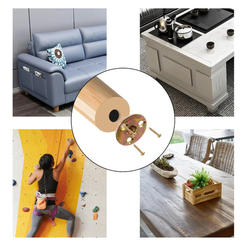 Built Tough Galvanized Carbon Steel Tee Nuts Twenty Pack with 1/4-20 Thread shown in furniture assembly and climbing wall setup.