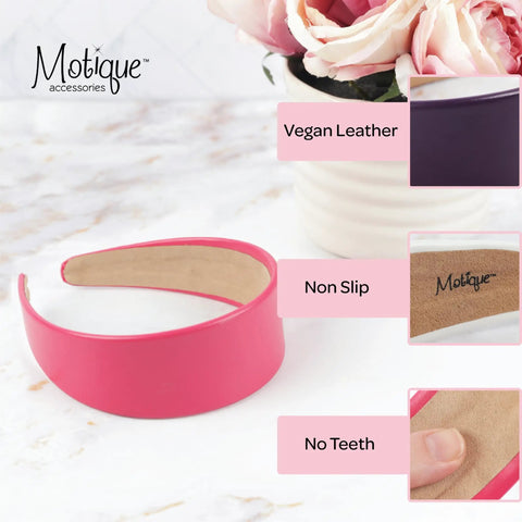 Slay Your Daily Hair Game With This Super Comfy Two Inch White Vegan Leather Headband For Women Featuring Nonslip Inner Lining To Stay Secure During Gym Workouts Or Lazy Sundays And Weekends. Pink vegan leather headband close-up.
