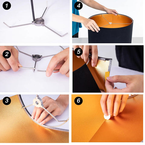 Assembly Required Fabric Drum Lampshade 13 By 13 By 10 Inches For Table Bedside And Floor Lamps With Spider Fitter Black Gold Finish shown in assembly steps.