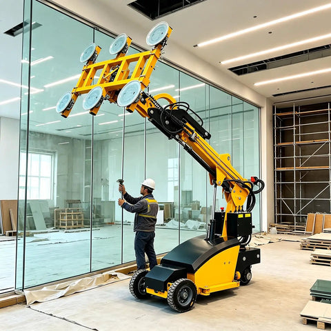 Pro Grade Mobile Hydraulic Glass Vacuum Lifter Suction Cups For Marble Granite Stone Slabs Heavy Duty Job Site in use lifting glass.