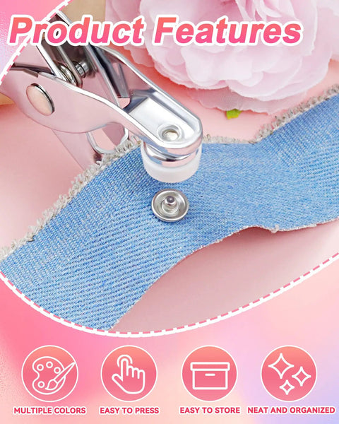 Killer 10mm Metal Snap Buttons With 200 Pieces And Hella Sturdy Press Pliers For Sewing Projects Includes Seven Vivid Shades and safety thimble shown with press tool on denim.