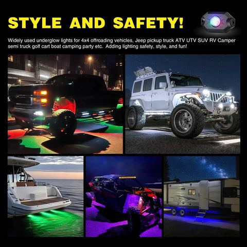 RGB LED Rock Lights Kit With 4 Pods Underglow Neon Lights Bluetooth App Control Music Mode For Truck ATV UTV RZR SUV Off Road Decor