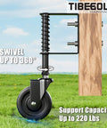 Real Deal Four Inch Spring Loaded Gate Wheel For Outside Wood Fences With Anti Sag Support Roller And Easy Roll Three Sixty Spin Built Tough To Hold Two Hundred Twenty Pounds Stress Free In Matte Black One Piece, showing swivel mechanism.