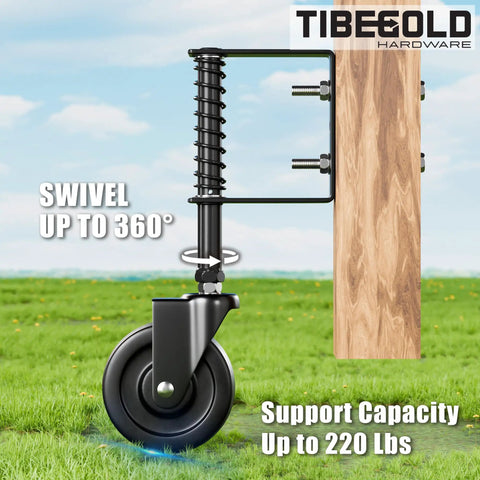 Real Deal Four Inch Spring Loaded Gate Wheel For Outside Wood Fences With Anti Sag Support Roller And Easy Roll Three Sixty Spin Built Tough To Hold Two Hundred Twenty Pounds Stress Free In Matte Black One Piece, showing swivel mechanism.