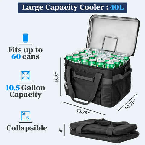 Epically Spacious Collapsible Soft Cooler Bag, 60 Can Leakproof Insulated Tote, collapsible design with cans inside, 13.75 x 10.75 x 16.5 inches.