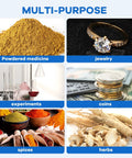 Collage of powdered medicine, jewelry, experiments, coins, spices, and herbs illustrating uses for Rechargeable Precision Milligram Scale 0.001g Accuracy, 100g Capacity, Portable Pro Grade Jewelry Scale For Gold, Gem, Powder, Medicine, Reloading, With Included Calibration Weight