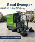 Heavy Duty Industrial Floor Sweeper Machine For Warehouses And Factories, green road sweeper with dual brushes outdoors.
