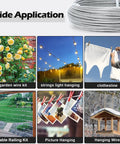 Heavy Duty 1/8 Inch Vinyl Coated Stainless Steel Wire Rope Kit, 100 Ft shown with applications like gardens, lights, and clotheslines.