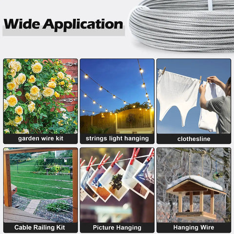 Heavy Duty 1/8 Inch Vinyl Coated Stainless Steel Wire Rope Kit, 100 Ft shown with applications like gardens, lights, and clotheslines.