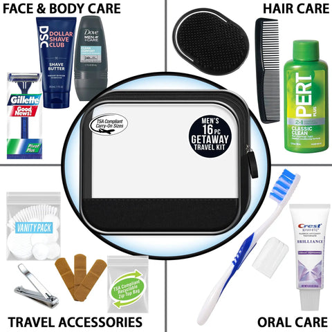 Men's 16 Piece Travel Kit With TSA Compliant Essentials In Reusable Zippered Bag showing grooming and hygiene items.