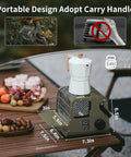 Camp Ready Butane Portable Space Heater With Warming Shelf on outdoor table, 6.5in height, 3.1 lbs, with carry handle