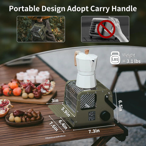 Camp Ready Butane Portable Space Heater With Warming Shelf on outdoor table, 6.5in height, 3.1 lbs, with carry handle