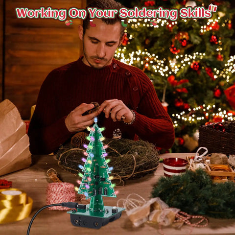 Man assembling 3D Christmas Tree Soldering Kit With LED Flashing Lights In 7 Colors Dope DIY Electronics Project For Learning STEM