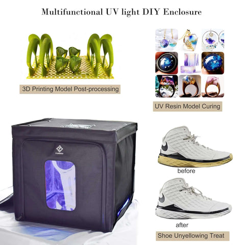 UV Light Curing Box For 3D Printing Post Processing Pro Grade Large Enclosure 365 To 460 Nanometer UV Lamp shown with shoe whitening