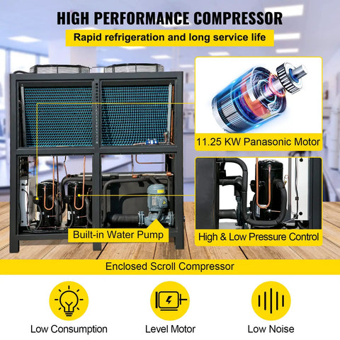Top Tier Heavy Duty 15 Ton Air Cooled Water Chiller With Stainless Steel Tank And Micro Computer Control For Fast Reliable Industrial Cooling And Zero Hassle Grind, featuring 11.25 KW Panasonic motor.