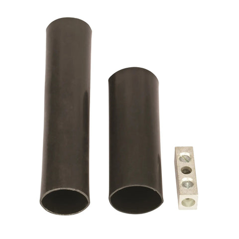 Direct Burial Dual Rated Butt Splice Kit With Heavy Wall Heat Shrink Tubing For Copper And Aluminum Wires From 8 To 2 AWG 600 Volt Max UL Listed Mechanical Dual Rated Splice Outdoor Electrical Project Ready, showing heat shrink tubing and mechanical splice.