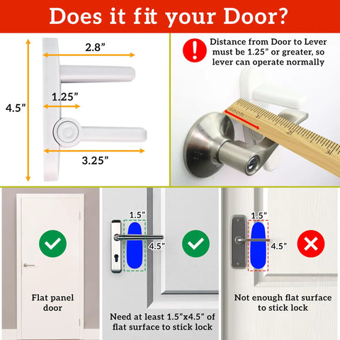 One Hand Use Door Lever Lock For Toddlers 1 Pack Easy Install No Tools Needed Durable ABS With 3M Adhesive Backing Keeps Curious Kids Out measurement guide