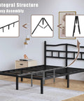Queen Size Metal Platform Bed Frame In Black With Secure Headboard Heavy Duty Steel Slats Silent Night Support No Box Spring Required Total Breeze To Set Up showing easy assembly instructions