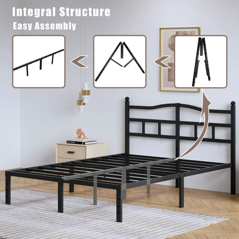 Queen Size Metal Platform Bed Frame In Black With Secure Headboard Heavy Duty Steel Slats Silent Night Support No Box Spring Required Total Breeze To Set Up showing easy assembly instructions