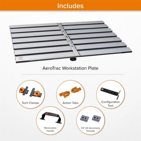 AeroTrac Foldable Laptop Tray For Tripod Mounting On The Go Video And Photography Workstation With One Quarter Twenty Threads And Modular Rail System Ultra Portable Three Point Three Pounds Folds To Eleven Inches By Eight And A Half Inches By Three showing workstation plate and included components.
