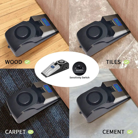 Door Stop Alarm 120dB Siren 4 Pack Non Slip Security Wedge Alarm For Travel Home Dorm Hotel Apartments Entry Alert Safety Device For Women And Kids Great For Apartments And Dorms Too, shown on wood, tile, carpet, and cement floors