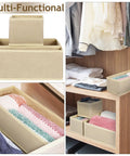 6 Piece Underwear Drawer Organizer Set Features Fold Flat Storage Bins arranged in a closet with colorful socks and shirts.