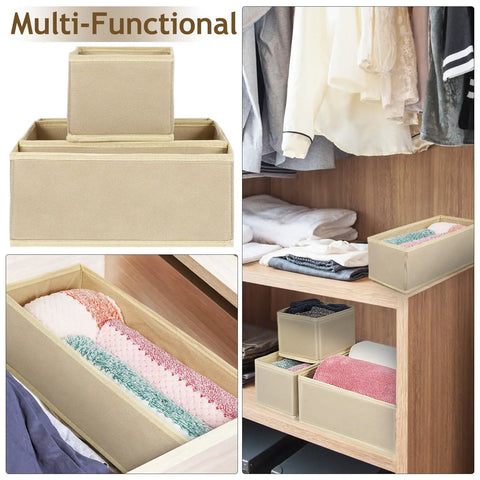 6 Piece Underwear Drawer Organizer Set Features Fold Flat Storage Bins arranged in a closet with colorful socks and shirts.