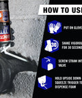 Big Gaps Bright White Insulating Foam Sealant 12 Oz Can 2 Pack in use, sealing pipe cracks with foam nozzle attachment instructions visible.
