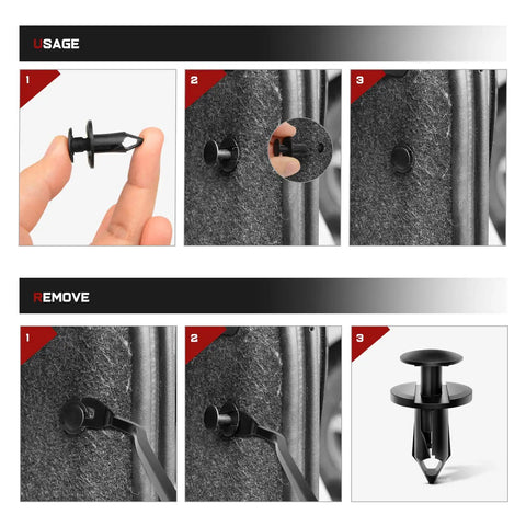 Nylon Bumper Rivet Clips Set usage and removal instructions, 100 pieces for 8mm holes, universal push fasteners installation guide