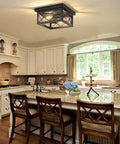 Farmhouse Dope 2 Light Ceiling Fixture In Black Flush Mount With Clear Glass Shade And Square Metal Cage in kitchen