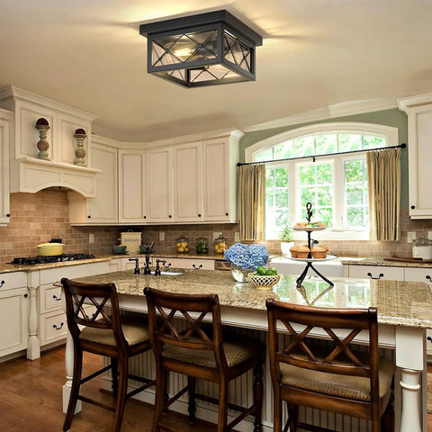 Farmhouse Dope 2 Light Ceiling Fixture In Black Flush Mount With Clear Glass Shade And Square Metal Cage in kitchen