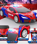 RC car with red and blue spider design, LED lights, sturdy wheels, ABS material, showing One Button Transform RC Car That Switches To Rad Robotic Mode Two Point Four Ghz Remote 360 Degree Spin And Drift Police Car With Lights One Eighteen Scale Transform Toy For Boys And Girls Ages Six To Twelve