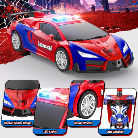 RC car with red and blue spider design, LED lights, sturdy wheels, ABS material, showing One Button Transform RC Car That Switches To Rad Robotic Mode Two Point Four Ghz Remote 360 Degree Spin And Drift Police Car With Lights One Eighteen Scale Transform Toy For Boys And Girls Ages Six To Twelve