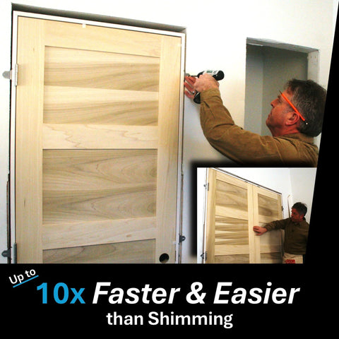Man installing door with Premium Door Install Kit Max Strength Secures Both Sides To Wall With Patented Bracket System