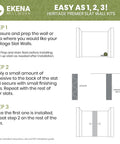 Installation instructions for Top Shelf Solid Hardwood Adjustable Slat Wall Kit In Warm Walnut, detailing adhesive and finishing nails.