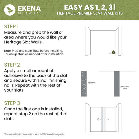 Installation instructions for Top Shelf Solid Hardwood Adjustable Slat Wall Kit In Warm Walnut, detailing adhesive and finishing nails.