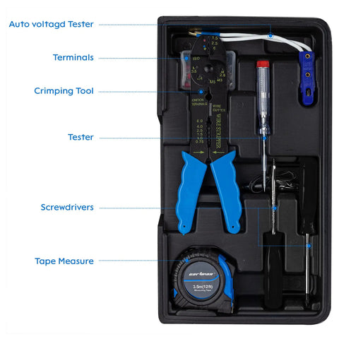 Auto voltaged tester, crimping tool, screwdriver, and tape measure in blue case from 122 Piece Auto Tool Kit Set With Ratchet And Socket Wrenches In Blue Blow Molded Case For DIY Home Repairs Includes One Quarter Inch Sockets And Three Eighths Inch Drive Sockets For Cars Bikes And General Maintenance.