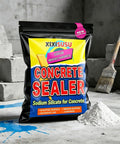 Straight Up High Purity Sodium Silicate Powder For Cold Water Mixing With Zero Hassle in a black pouch beside concrete blocks.