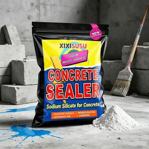 Straight Up High Purity Sodium Silicate Powder For Cold Water Mixing With Zero Hassle in a black pouch beside concrete blocks.