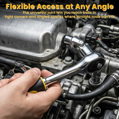 Mechanic using Three Eighths Inch Drive Impact Socket Set with universal joint for car repair, showcasing flexible access.