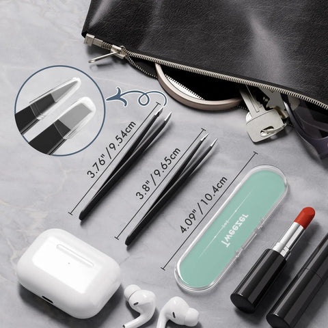 Two Pack Eyebrow Tweezers Set Dope Slant And Point Tip Stainless Steel Pro Grade Precision Tweezers with travel case and dimensions