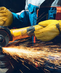 Person wearing Rugged Leather Work Gloves For Men And Women, Cowhide Build That Holds Up To Real Work, operating a grinder