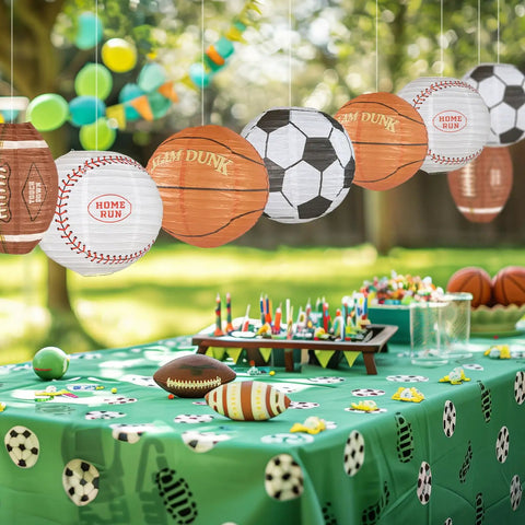 8 Pack 12 Inch Sports Paper Lanterns Set for Party Decor Includes Soccer Ball Basketball Baseball American Football and Japanese Hanging Lanterns Reusable Game Day Birthday Favors for Kids over decorated table