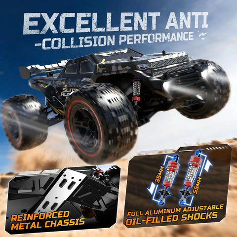 DEERC 209E 1:10 Scale Brushless RC Car showcasing anti-collision performance, reinforced chassis, and adjustable shocks.