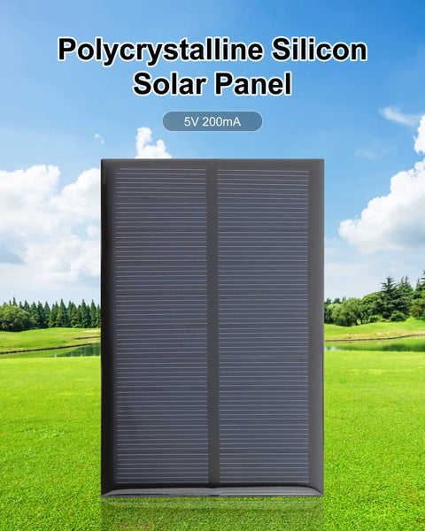 Micro Solar Panels Kit With Wire Five Pack 5V 200mA Polycrystalline PV Cells against a green field and blue sky backdrop.