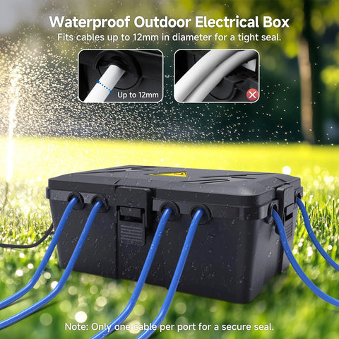 Badass Weatherproof Outdoor Electrical Box Secures Power Strips Extension Cords And Plugs Keeping Your Setup Squeaky Clean And Dry Through Rain Snow Or Dirty Dust Storm Days with cables in water