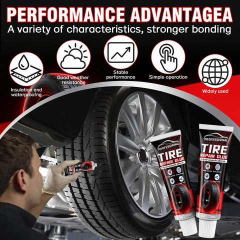 All Tire Types Repair Glue Kit With Tough As Nails Waterproof Flexible Rubber Cement For Cars Motorcycles Bikes And More Seamless Bonding 20ml Two Nail Sizes Pro shown with car tire repair scene.