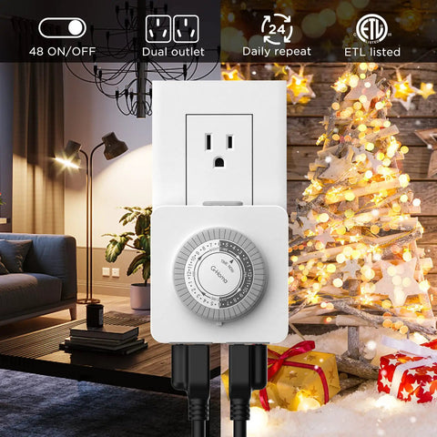 24 Hour Mechanical Timer Outlet With Two Grounded Outlets For Lamps And Holiday Lights, Set And Forget Auto On Off Switch