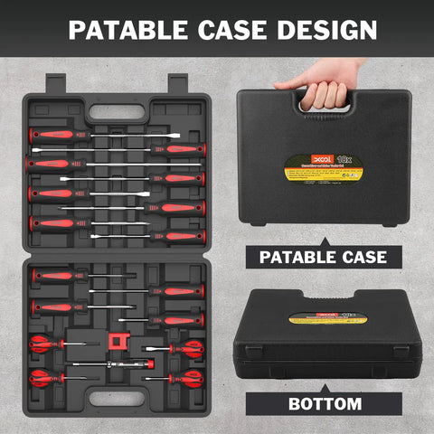 18 Piece Magnetic Screwdriver Set With Case 7 Phillips And 9 Slotted Tips Cushioned Grip Non Slip shown in portable case